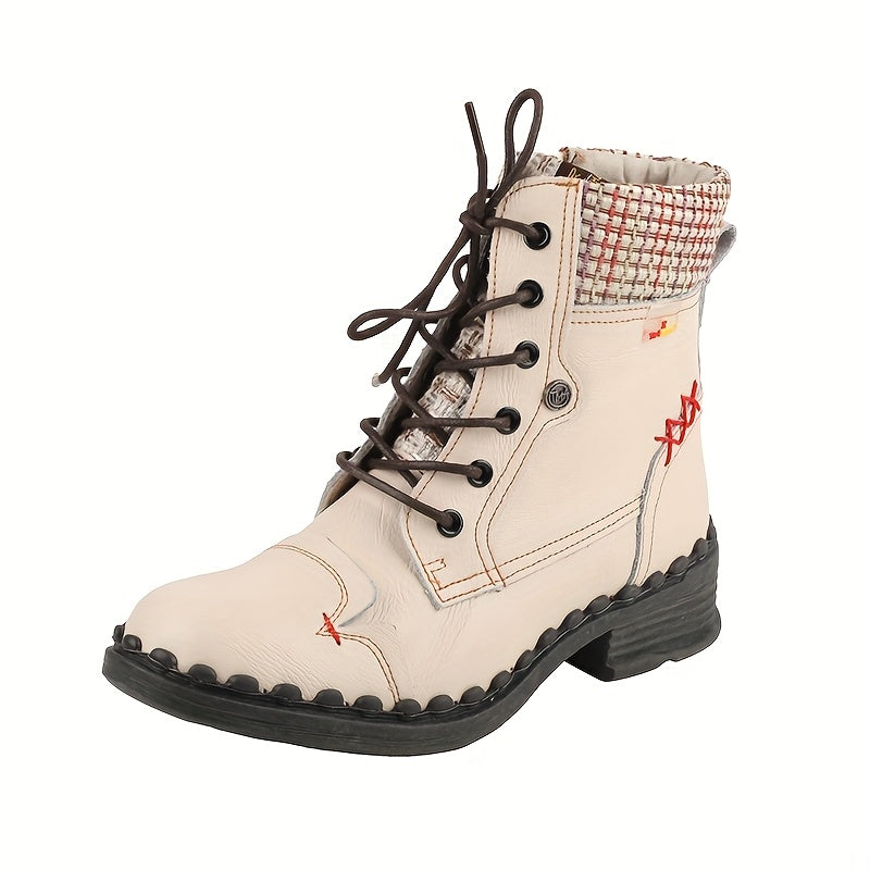 TMA ETES Women'S Elegant Height-Increasing Chunky Heel Ankle Boots with Anti-Slip TPR Sole, Side Zipper Closure, Round Toe & Plaid Design - All-Season Genuine Cover-like Synthetic Upper, Low Block Heel, Round Toe & Arch Suppo