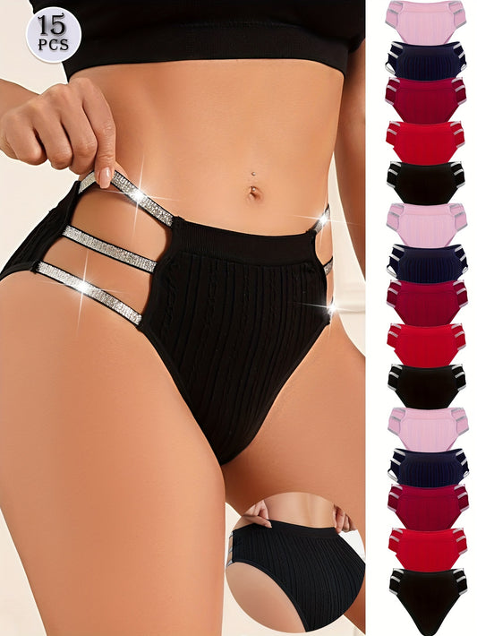 15pcs Hollow Out Briefs, Shiny Glitter Linked Underwear Pack, Threaded Fabric Breathable Soft Panties Set, Women's Underwear & Lingerie, Breathable Panties, Comfortable Lingerie, Hollow Out Design, Stylish Underwear, Lightwei