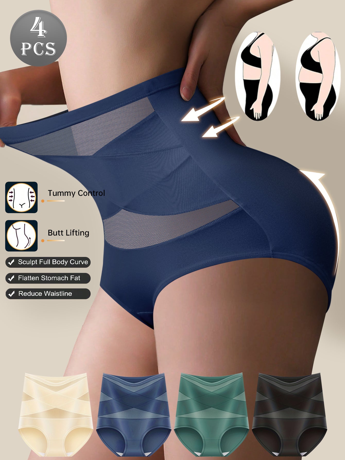 QUASTI 4pcs Women Underwear High Waist Tummy Control Panties Seamless Shapewear Briefs Butt Lifting Body Shaper Reduce Waistline Full Coverage Support, High Waist Tummy Control Panties, High Waist Panty for Women, High Waiste