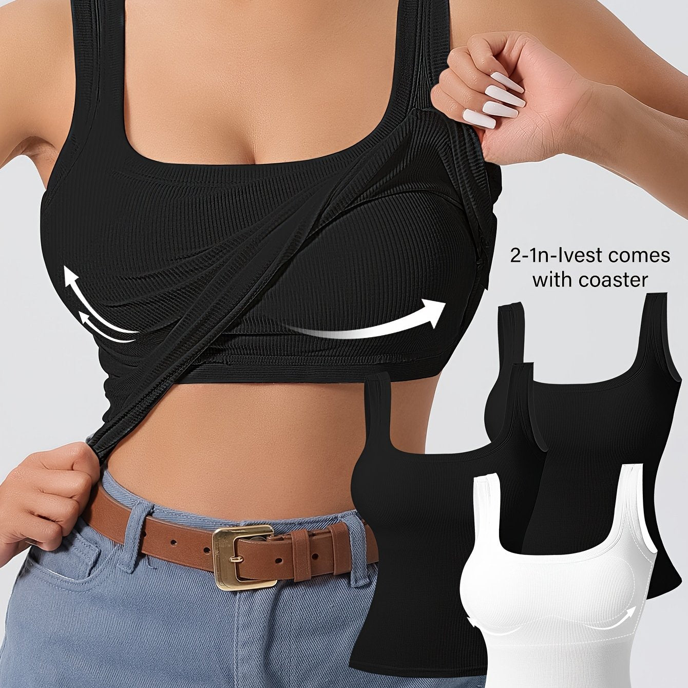 Women's 3Pcs U-Back Tank Tops With Removable Pads, Slim Fit Solid Color Versatile Inner & Outerwear Camisole Vest Set Casual Style