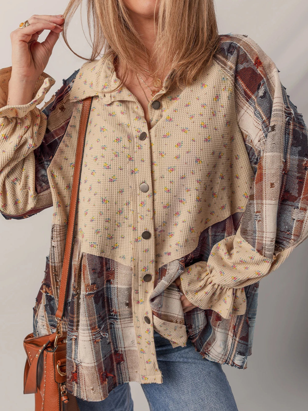 Women'S Boho Chic Blazer - Button-front shacket with Ruffled sleeves, Non-Stretch Waffle Texture Jacket in Earthy Tones (Brown/Beige/Orange/Red/Black/White/Gray/Blue/Teal/), All-Season Casual to Formal Outerwear for Everyday