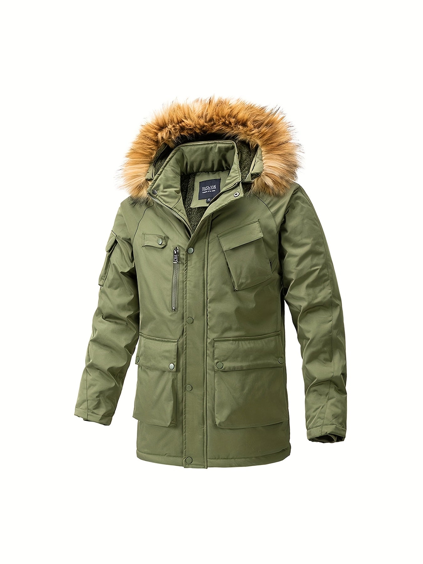 Men's Windproof Fleece-Lined Winter Parka Jacket with Hood - Full-Zip Thickened Coat, Loose-Fit Ski Hiking Coat, Zippered Pockets & Hooded Collar, Mid-Length Warm Outerwear for Snow & Cold Weather (Casual)