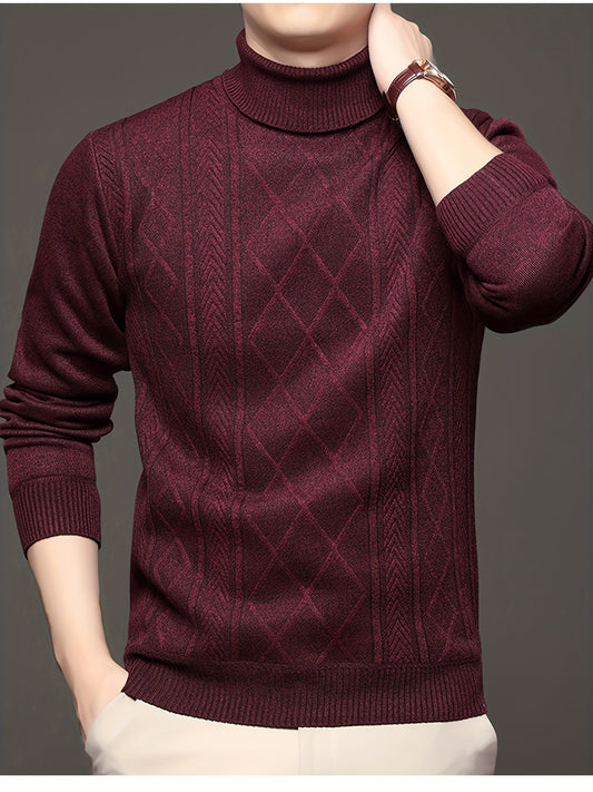 Men'S Cozy Fleece-Lined Cable Knit Sweater - Geometric Pattern, Long Sleeve, High Neck, Casual Fall/Winter Pullover, Beige, Polyester Blend, Ribbed Texture, Perfect for Casual Attire, Sweater Vest