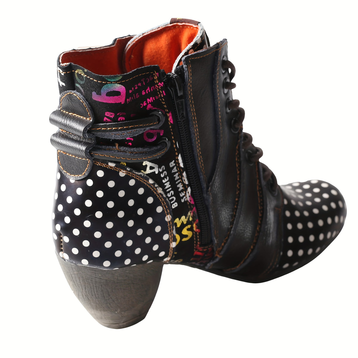 TMA EYES Women's Winter Snow Boots - Thick Heel TPR Sole, Genuine-Like Leather Upper (Second-Layer Cow/Pigskin), Polka Dot & Patchwork Design, Side Zipper Strap, Hand-Stitched Round Toe - Boots for Snow, Ice, Casual &