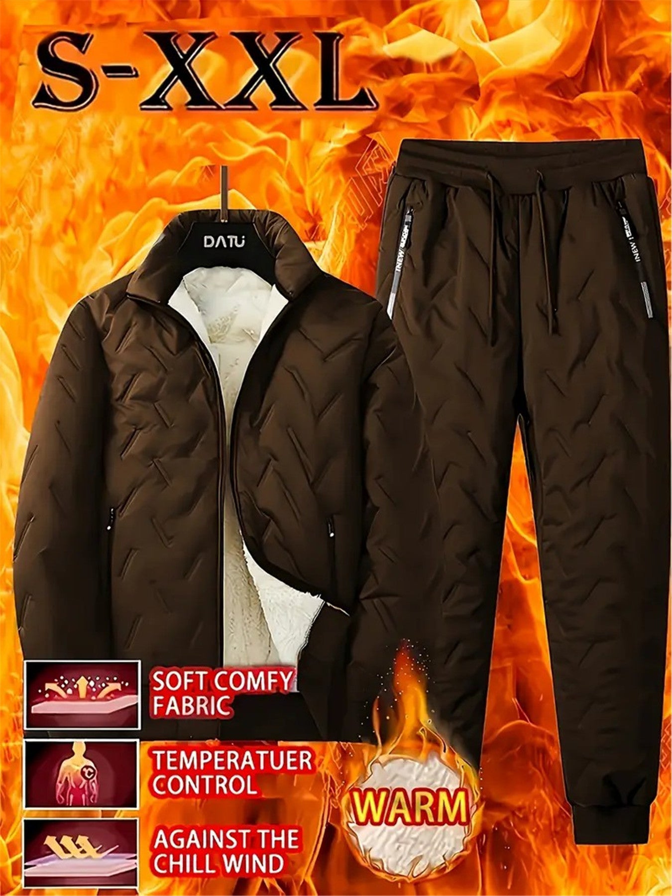 2pcs - Autumn/ Winter two-piece Men's stand up collar jacket, long sleeved jacket, pants jacket, Men's winter casual jacket set, with plush lining and polyester fabric stand up collar pocket