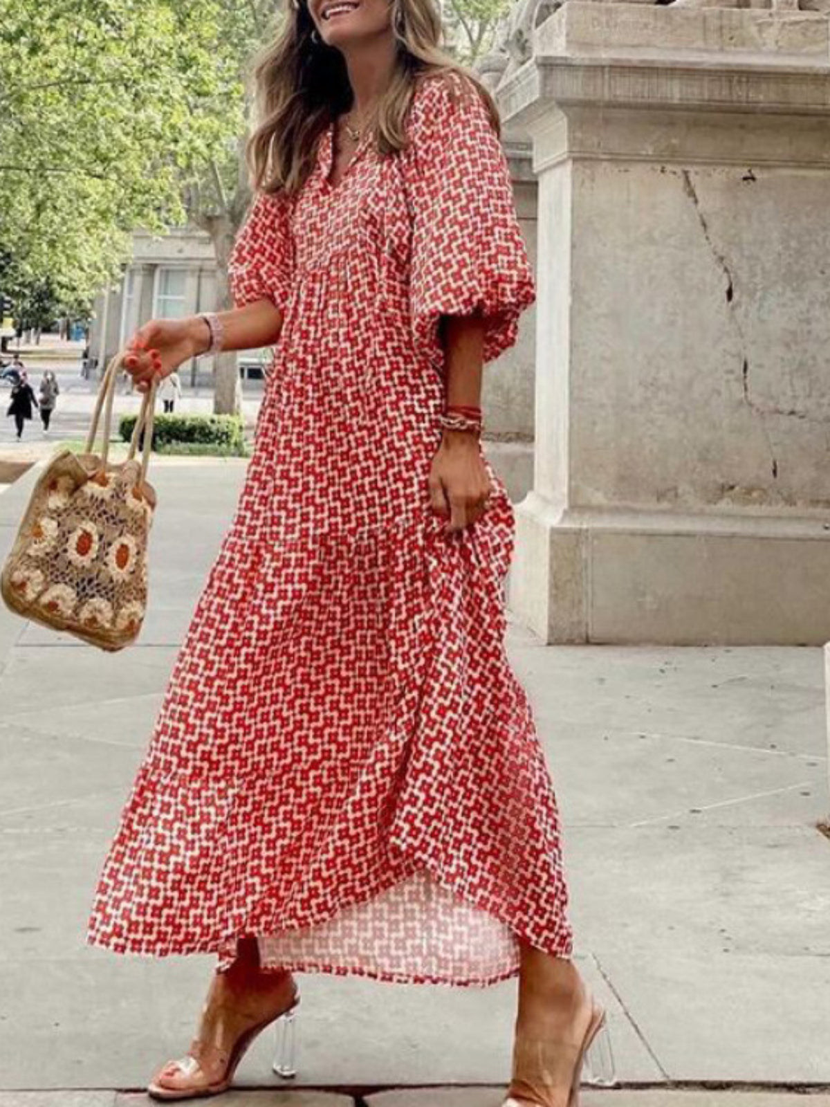 Autumn Geometric Patchwork Dress - Long Puff Sleeve Maxi Dress, Solid Color Casual Elegant Pencil Dress for Fall Wedding Guest or Casual Attire