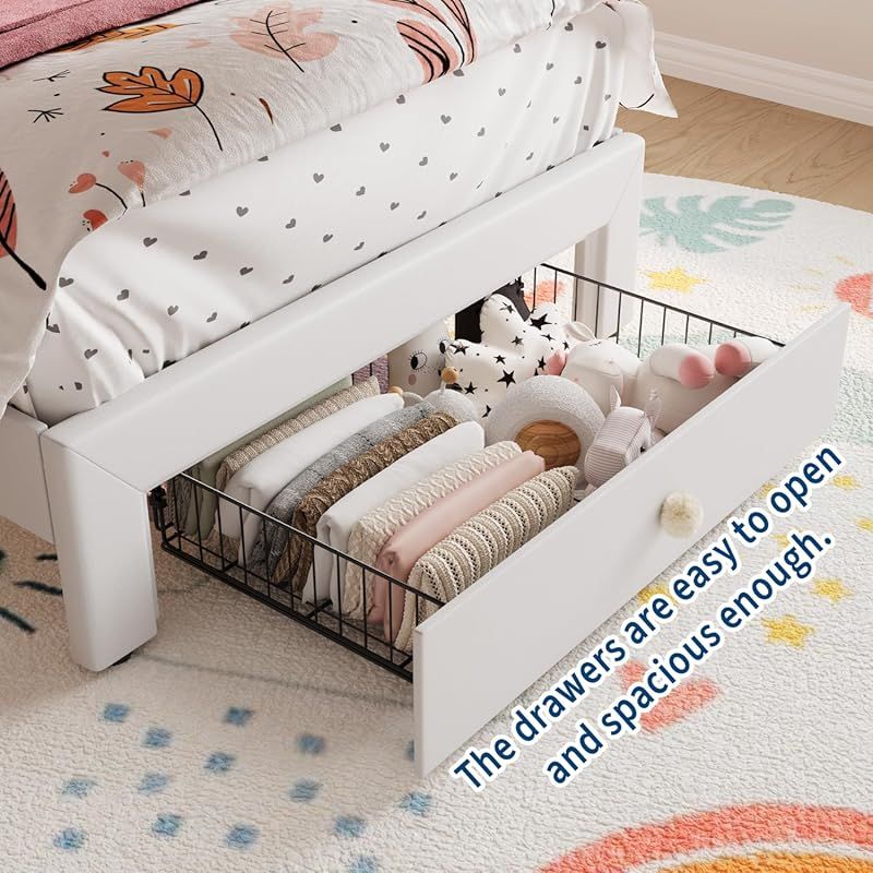 Twin-Size Single Bed Frame with Headboard & Storage Drawers - Modern Platform Bed with Upholstered Headboard, Easy Assembly, No Springs Needed
