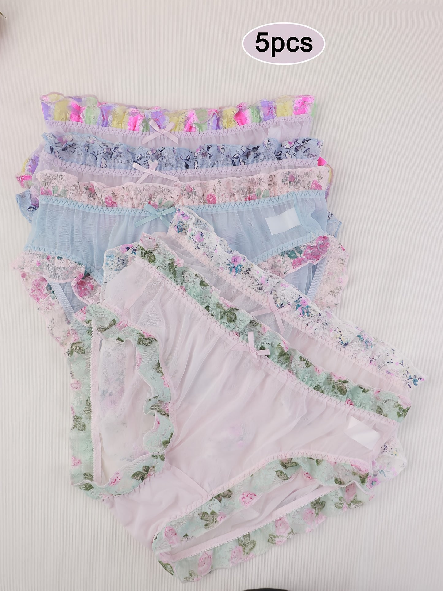 5pcs Set Women's Plus-Size Sheer Mesh Underwear - Sweet & Lace Trim with Ruffled Edges & Bow Accent, Pastel Colors (Pink, Blue, Lavender, Mint, White) - Semi-Transparent Comfortable Everyday Panties, Machine Washable, Multi-C
