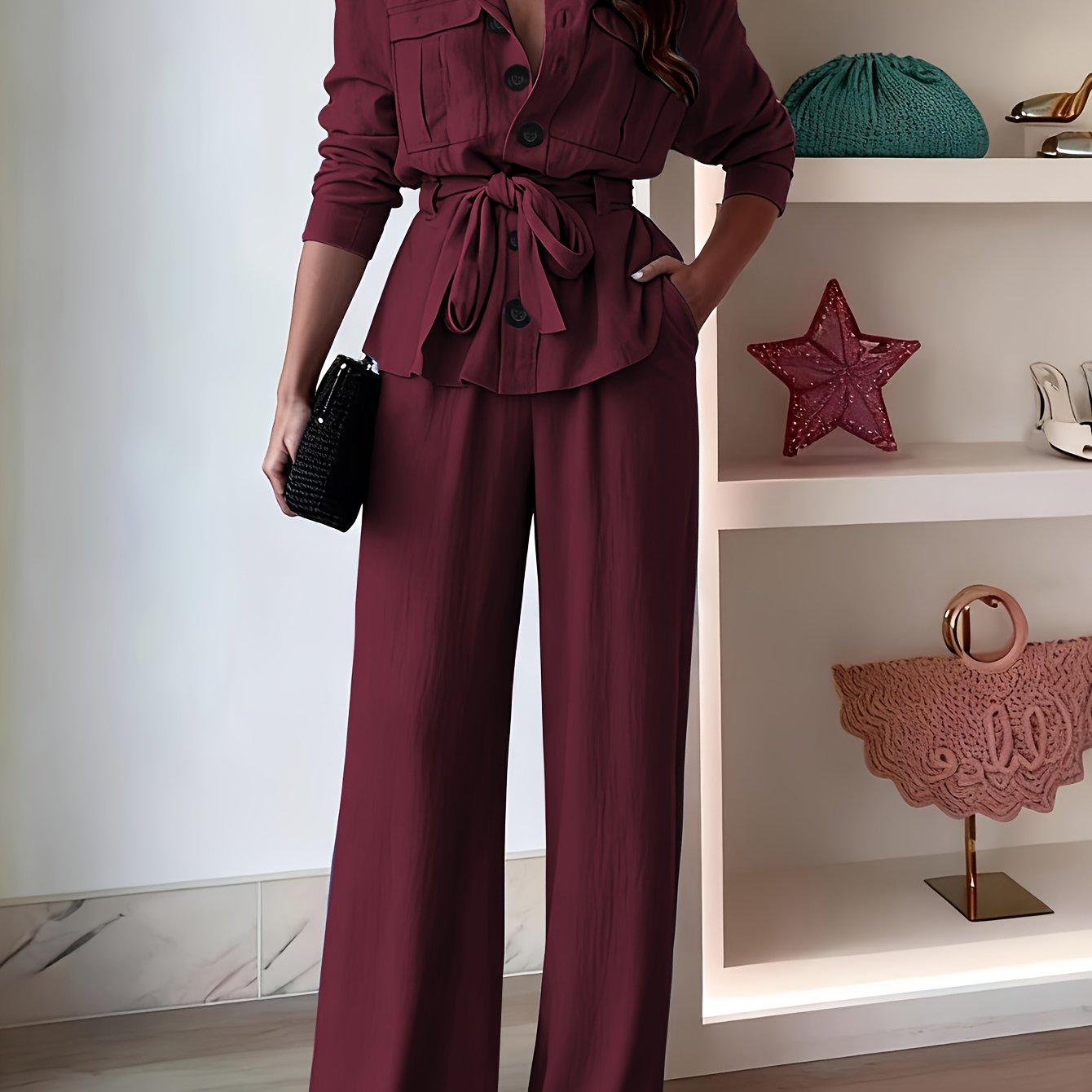 [Two-Piece Set] Casual Two-Piece Set Featuring a Collared Long-Sleeve Shirt with Buttons And Wide-Leg Solid Color Pants