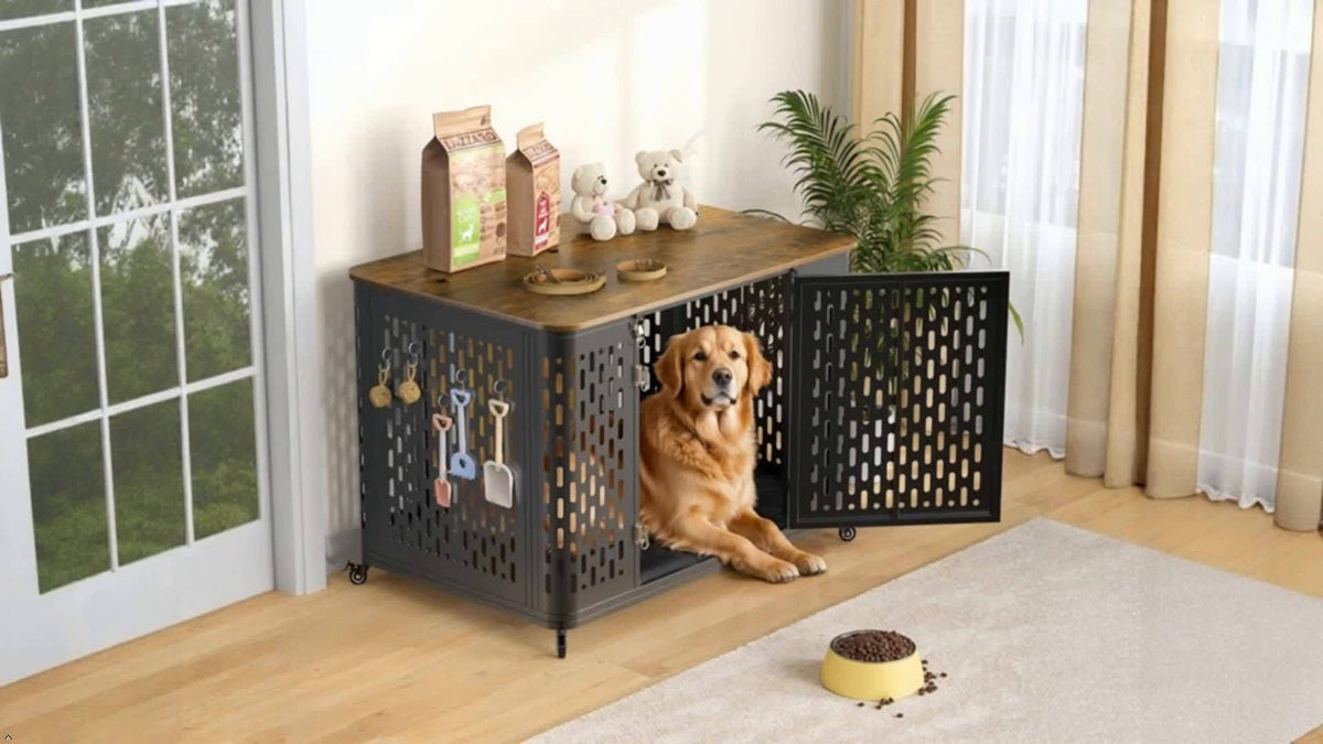 Dog Cage Furniture Suitable For Large And Medium-sized Dogs, 43.7-inch Dog Cage With Cushion And Wheels, Decorative Coffee Table Pet House, Country Brown