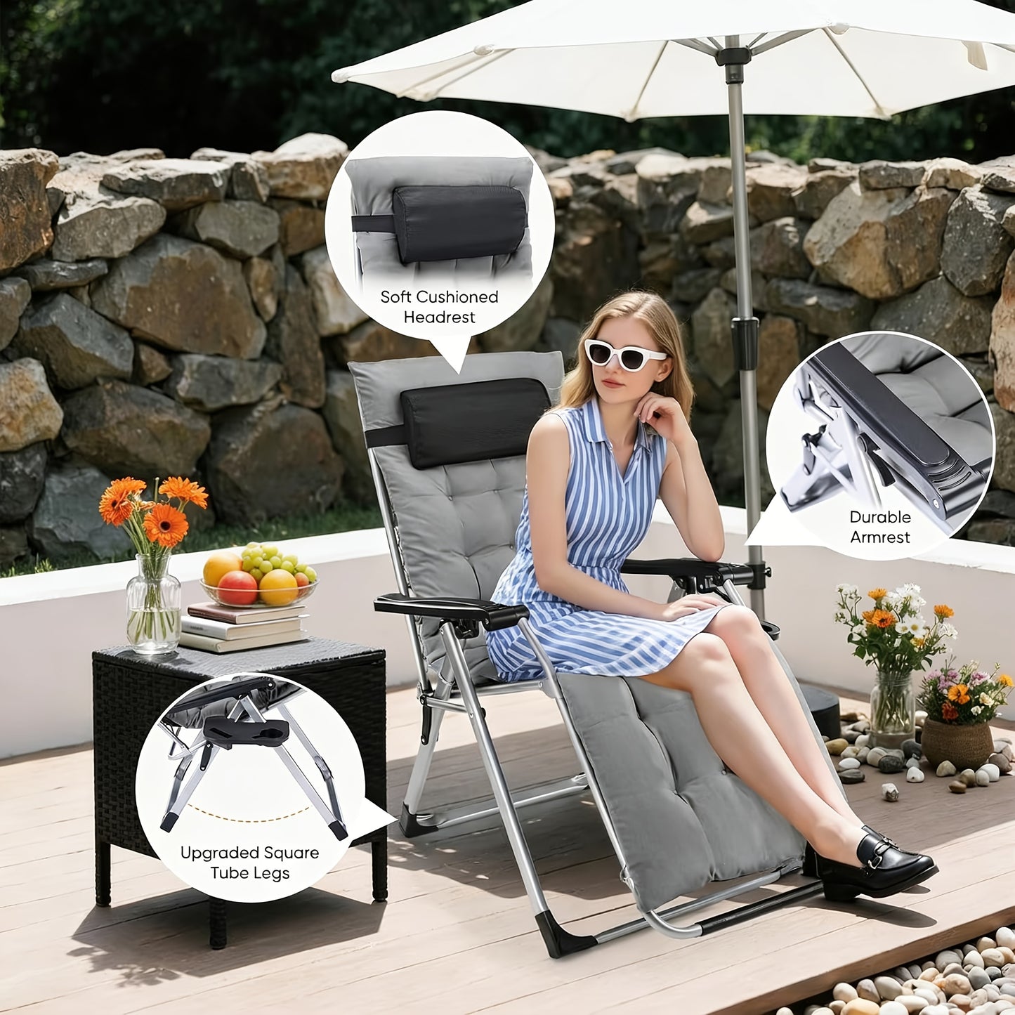 Zero Gravity Recliner with Foldable Headrests | Recliner with Cup Holder Tray and Detachable Cushion, Indoor/Outdoor Use, Black/Gray - EDX Brand