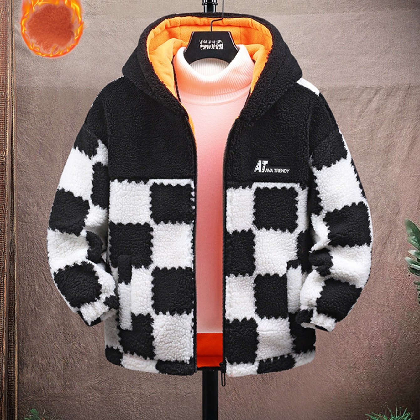 ' Fleece-Lined Thickened Lamb Fleece Coat with Plaid Pattern & Full-Zip Closure - Warm Winter Jacket, Soft Lining, Casual Collar, Green/ Checkered Design for Autumn & Winter, Stylish & Versatile Outerwear, Cold Weather Clothi