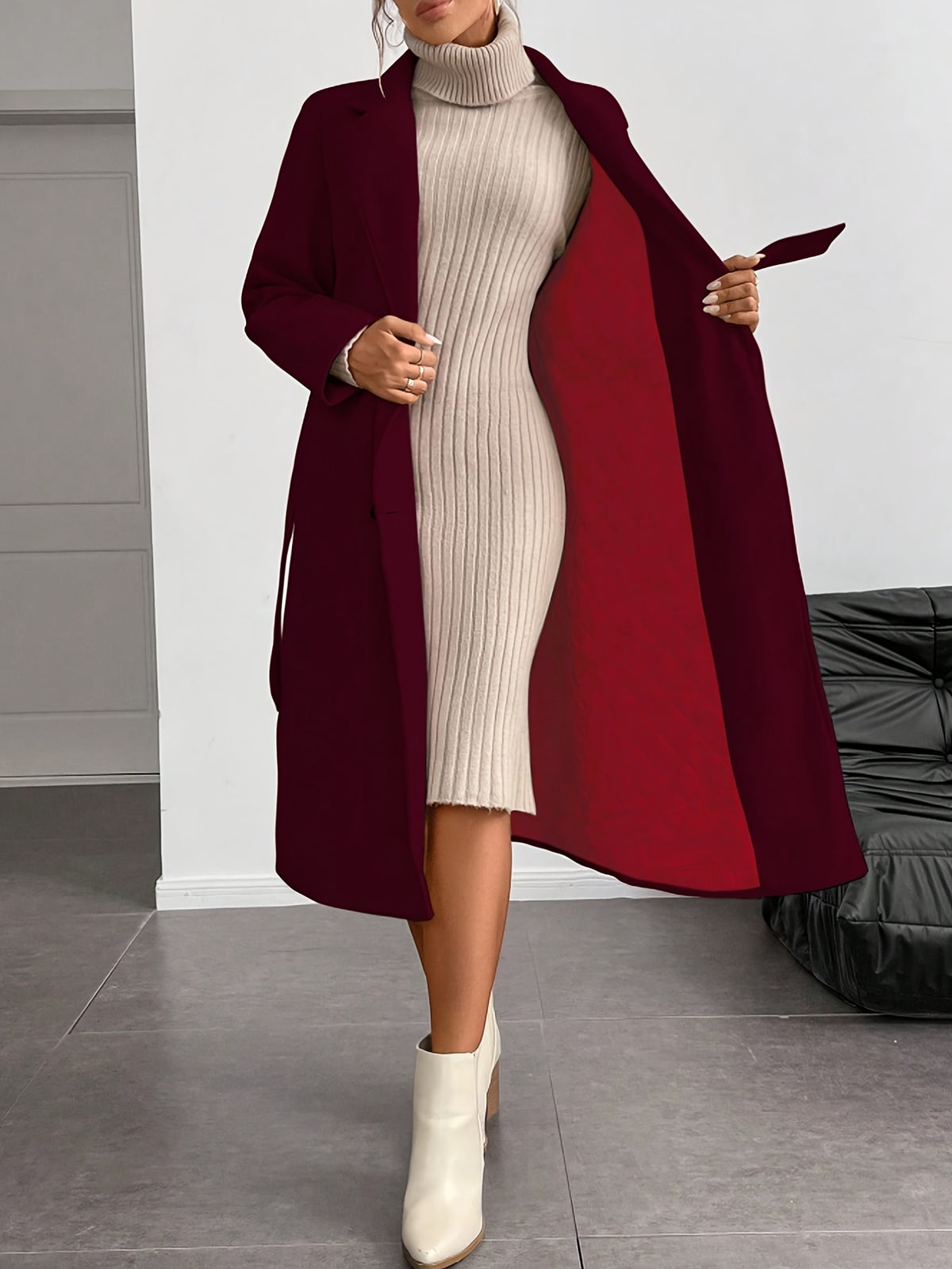 Women'S Burgundy Winter Coat Jacket - Elegant Structured Lapel Collar & White Piping Trim, Machine Washable Warm Outerwear with Solid Color Button Front Closure, Long Sleeve Tailored Blazer for Casual & Formal Daily Wear, Off