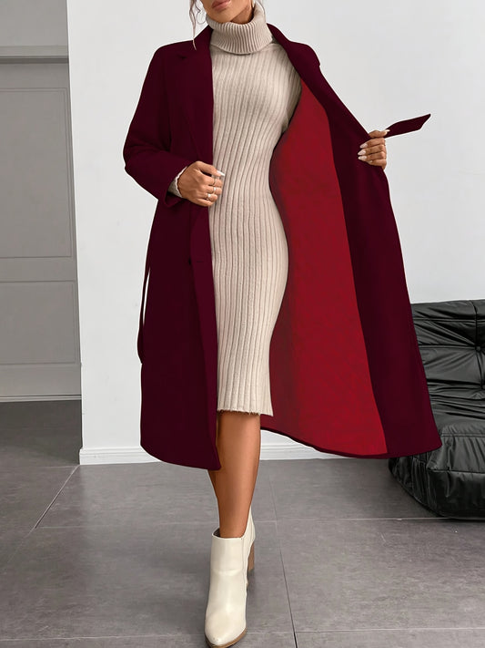Women'S Burgundy Winter Coat Jacket - Elegant Structured Lapel Collar & White Piping Trim, Machine Washable Warm Outerwear with Solid Color Button Front Closure, Long Sleeve Tailored Blazer for Casual & Formal Daily Wear, Off