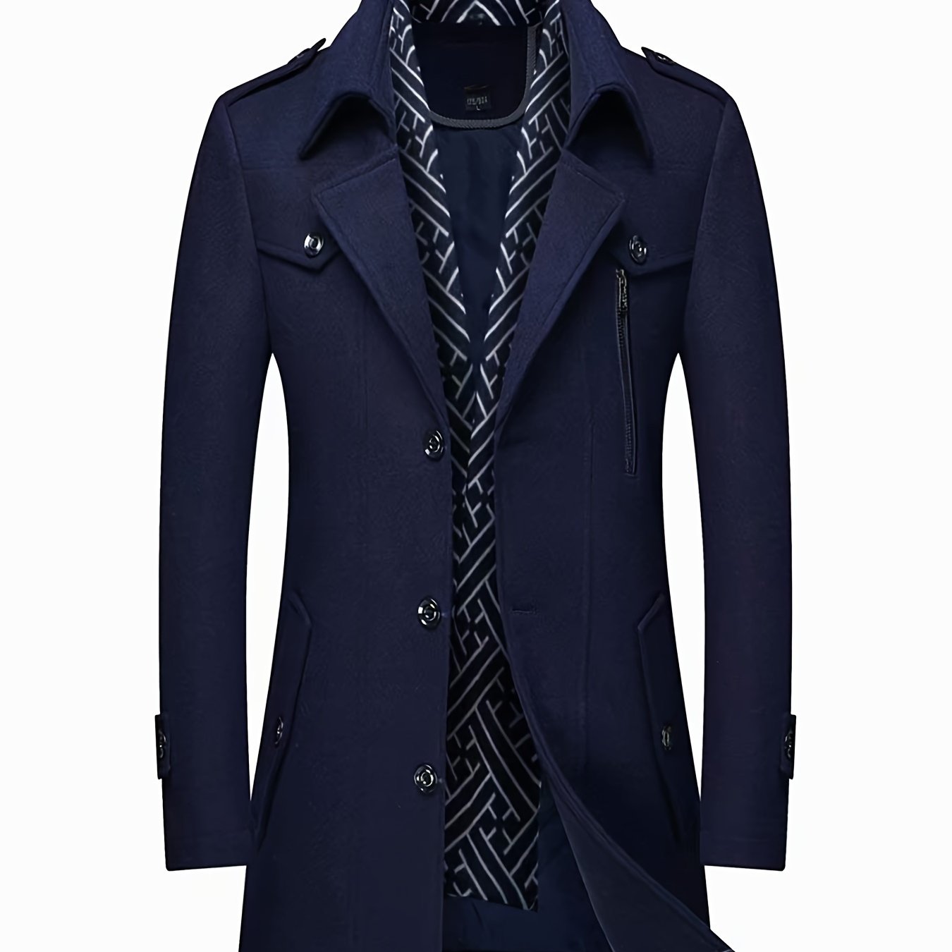 Men's Wool Blend Winter Coat with Detachable Scarf/Collars - Single-Breasted Trench Coat, Pocket & Durable - Warm Pea Jacket for Cold Weather, Casual & Formal Outfits (Hand Wash/Dry Clean)