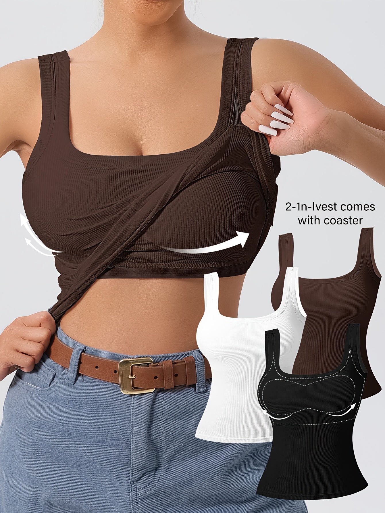 Women's 3Pcs U-Back Tank Tops With Removable Pads, Slim Fit Solid Color Versatile Inner & Outerwear Camisole Vest Set Casual Style