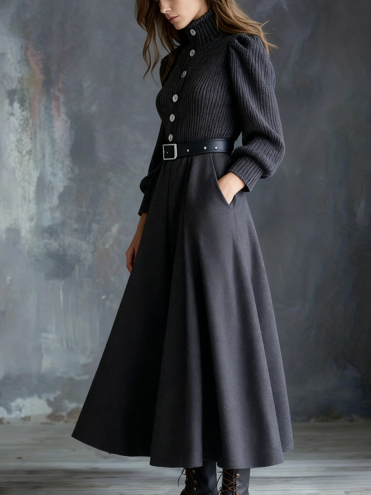KIMKING Women's Dark Gray Dress - Elegant A-Line Long Sleeve Turtleneck Winter Dress with Cinched Waist, Single-Breasted Button Front, Long Train (-Length) for Weddings, Parties & Formal Events - Warm Winter Outfit