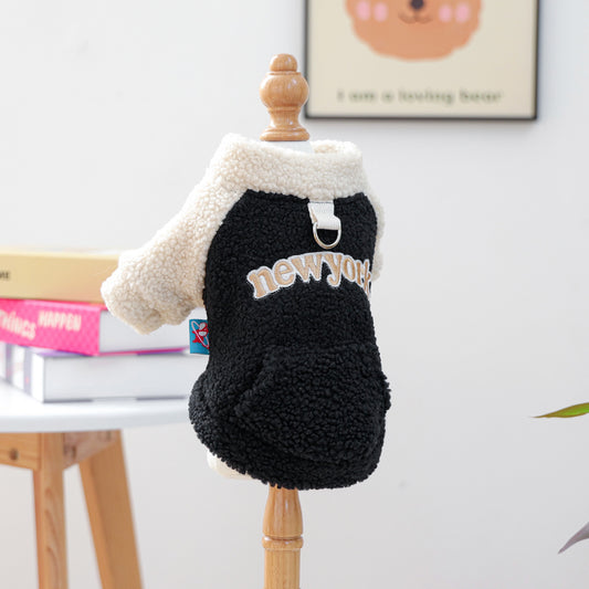 New York-Themed Plush Fleece Pullover Sweater Jacket for Small Dogs & Cats - Thick Winter Warm Coat with Fluffy Ball Collar & Snap Closure, All-Season Pet Clothing for Pomeranian, Chihuahua, Shih Tzu - Hand Wash Only, Cozy Fl