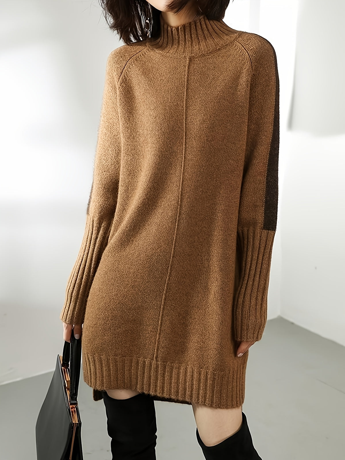 Women's Winter New Loose Elegance Long Sleeves Contrast Color Half Turtleneck Sweater Dresses
