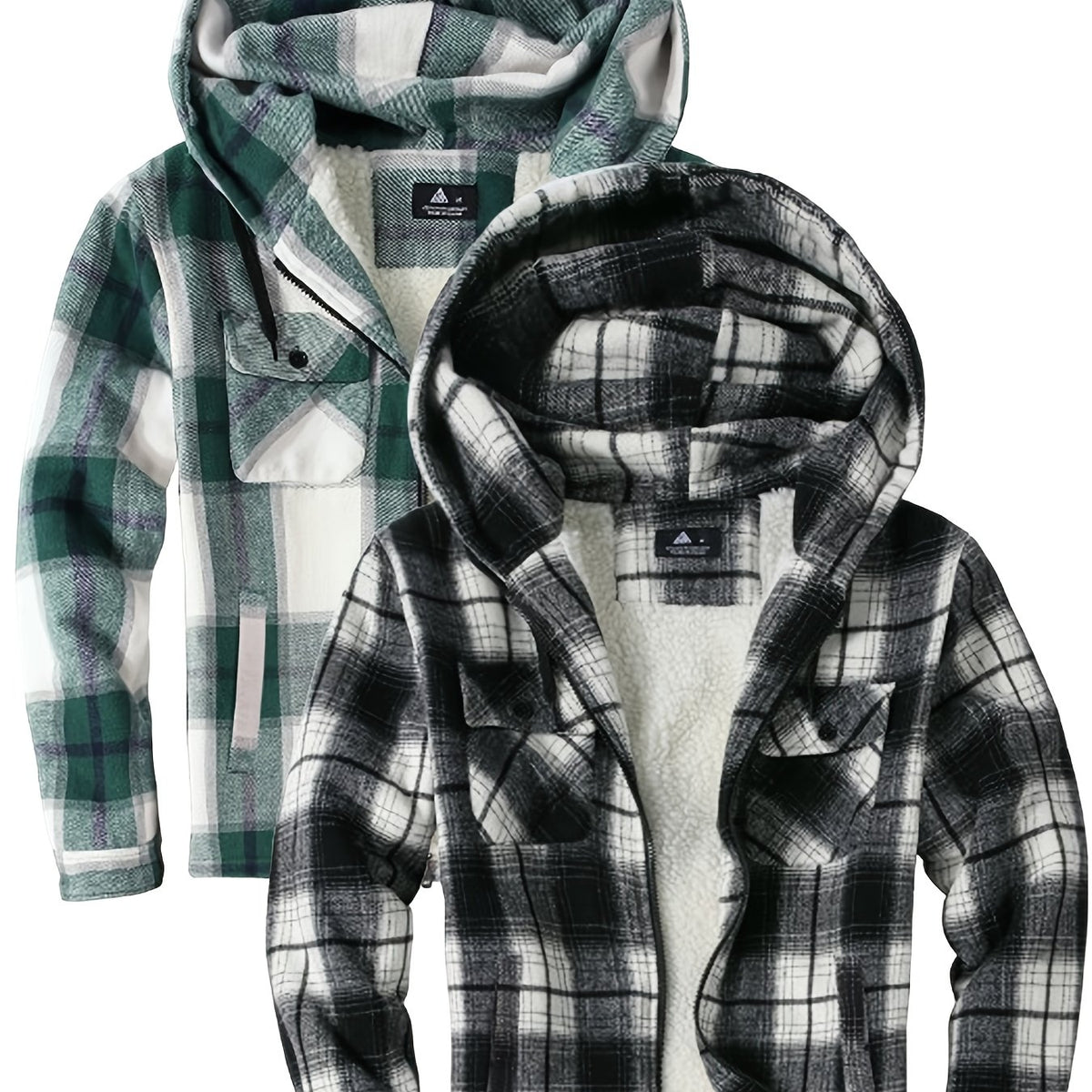 2pcs Men's Heavy Duty Sweater Hooded Jacket - Fully Zipped Thick Snow Mountain Lined Flannel Plaid Shirt with Pockets, Casual Style, Perfect for Fall And Winter, Hooded Collar, Regular Fit, Plaid Pattern, Men's Jacket, Cold W