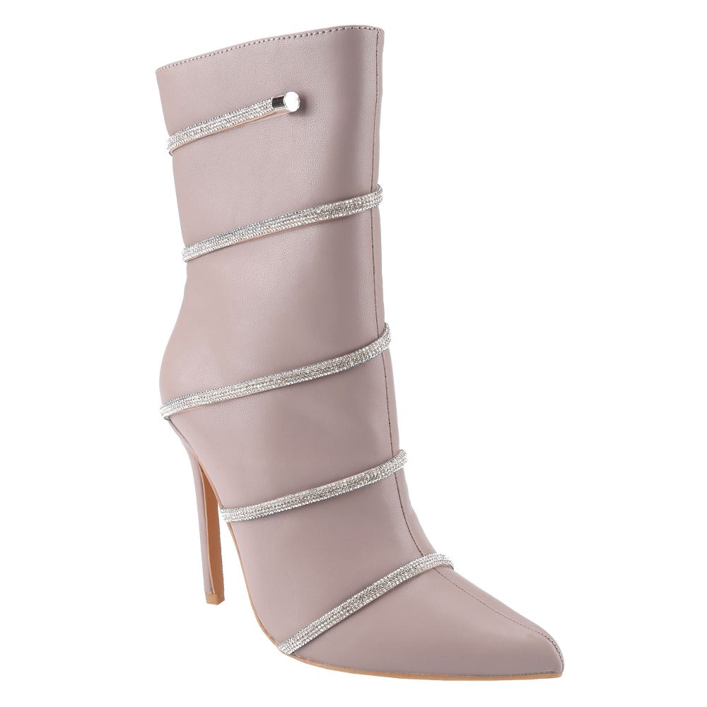 Crystal-Studded Heel Pointy Ankle Boots for Women