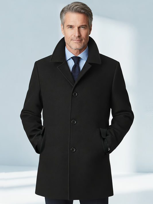 [Black British Trench Coat] Black British Style Men's Trench Coat | Autumn Winter Thickened Casual Tweed Overcoat | Single-Breasted Four-Button Fashionable Elegant Exquisite Cut Versatile Formal
