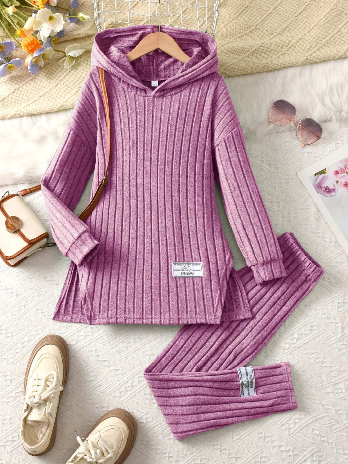 Girls' 2pcs Set, Long Brushed Solid Color Patch Hoodie Pullover and Elastic Waist Leggings, Girls' Autumn Winter Casual Set, Perfect for Outdoor