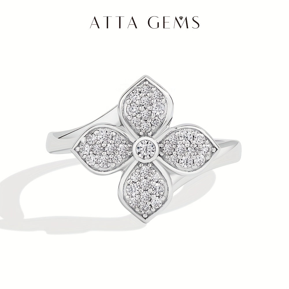 1pc S925 Silver Four - Leaf Flower Ring, Made Of Moissanite, It'S Sparkling, Delicate And Elegant, A Piece Of Jewelry, Perfect As A Gift For Your Girlfriend Or Wife