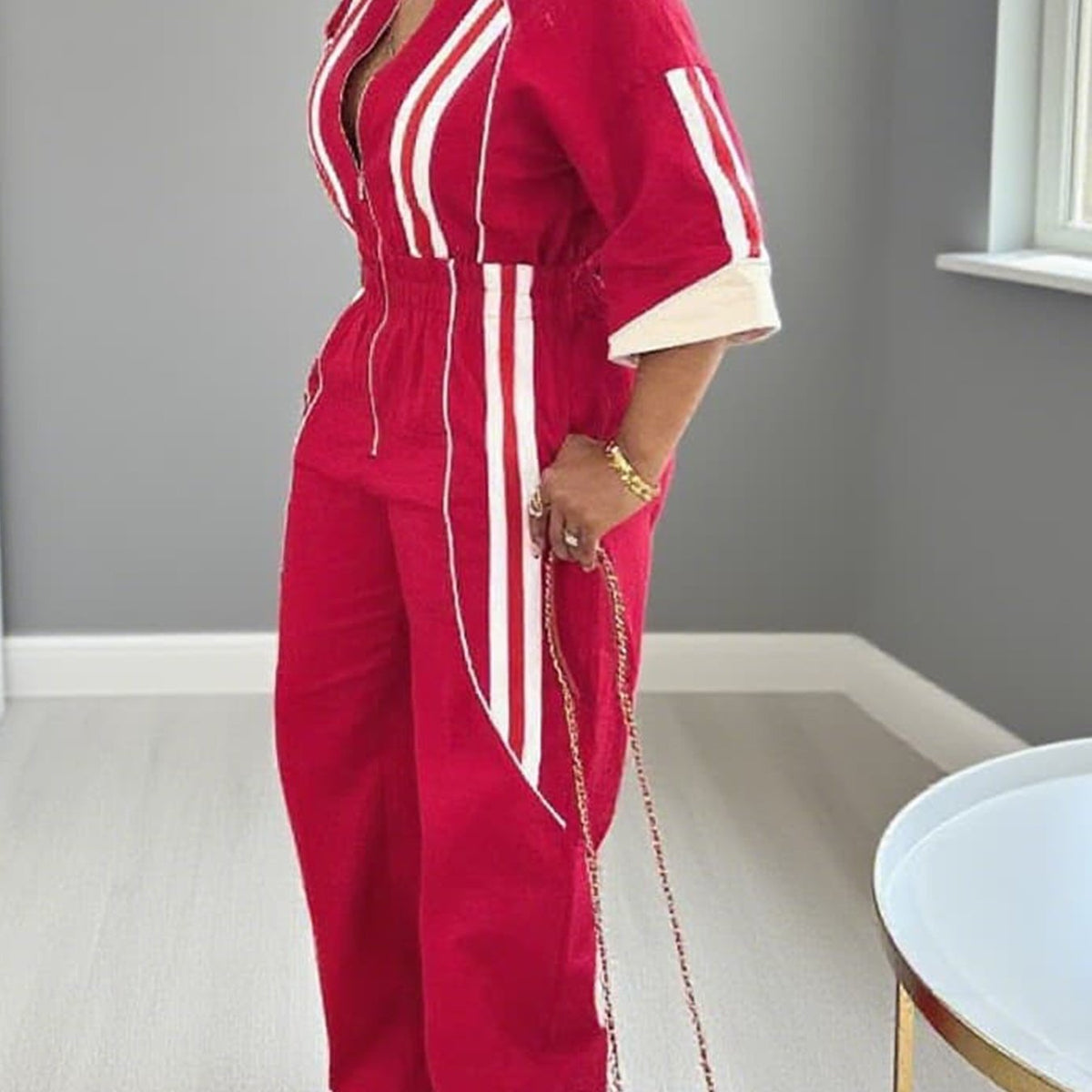 Red Jumpsuit, Unique Stand Up Collar, Smooth Zipper Front, Slim Waist, And Loose Wide Leg Silhouette, Bold, Fashionable, Relaxed And Elegant Style