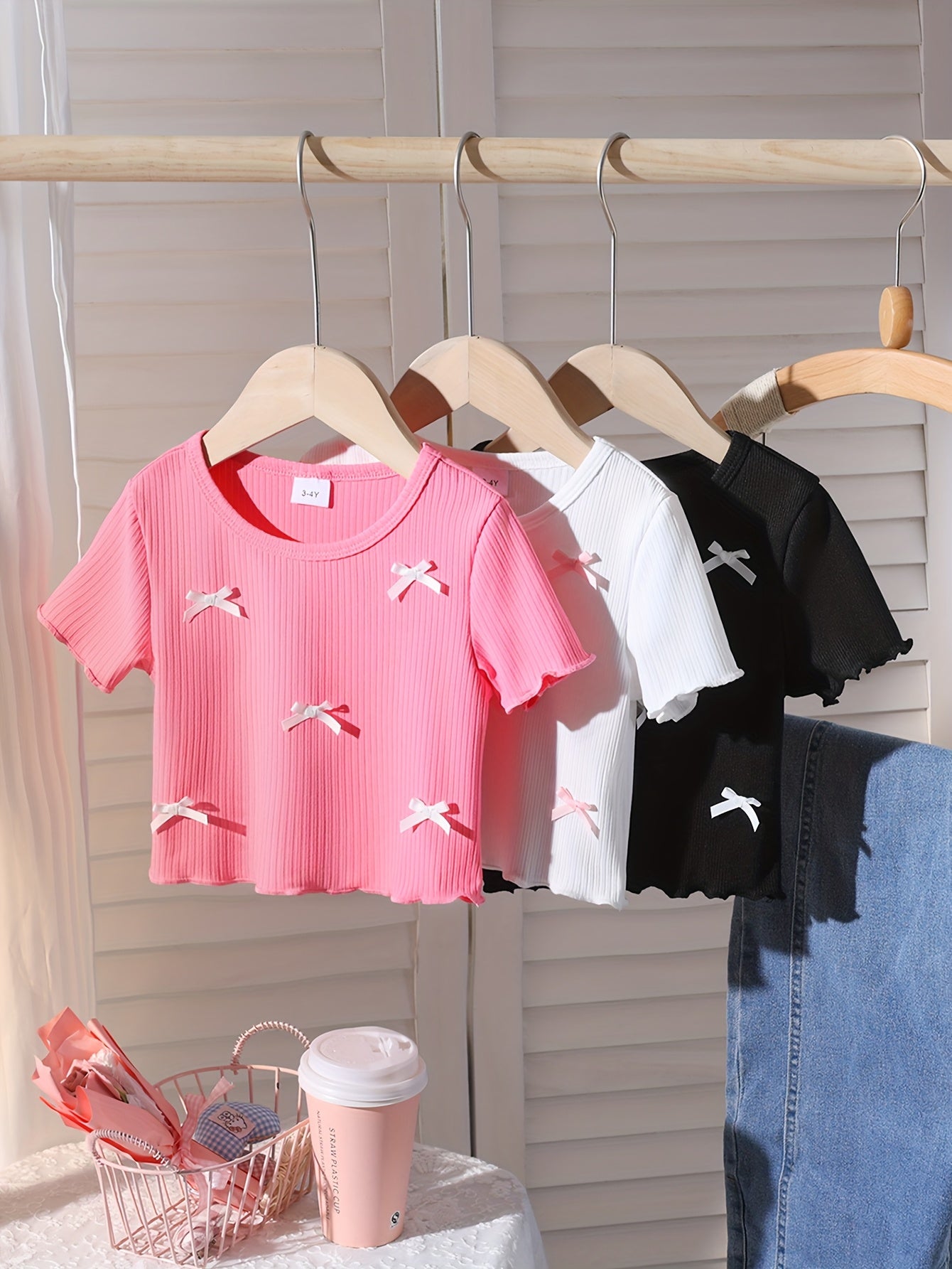 [Girls' Summer T-Shirts Set] 3pcs Girls' Summer T-Shirts - Casual Cute Style, Soft Knit Fabric, Short Sleeve Round Neck, White Pink Black with Bow Accents, Ruffled Hem, Machine Washable for Everyday Summer Outfits, Easy Care