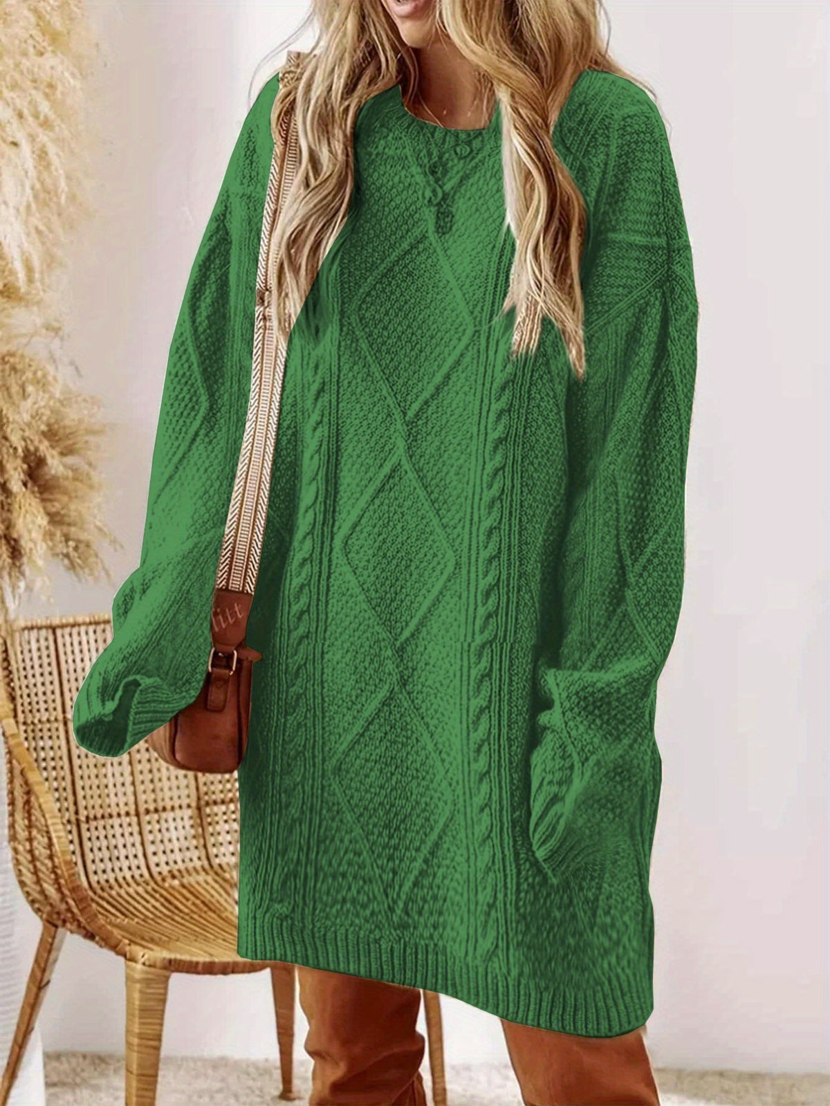 Plus Size, Beige Cable Sweater Dress - Oversized Slouchy Mid-Length Dress with Drop Shoulder, Cozy Winter Dress for Fall/Winter, Beige Cable Pattern Pullover, Elegant Casual to Dressy Wear