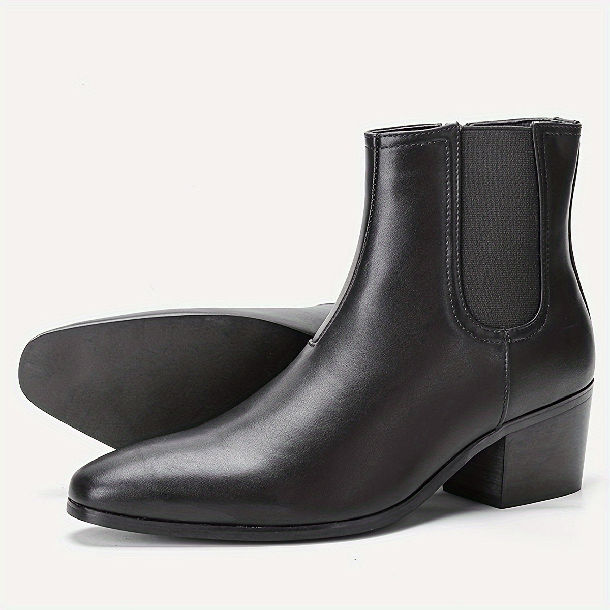 [Stylish British Boots] Stylish British Men's Fashionable Elastic High Heel Ankle Boots - Black, Zipper Closure, Rubber Sole, Faux Upper | Zipper Closure Boots | Rubber Sole Boots