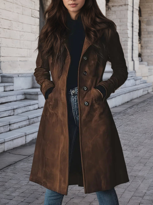 Women'S Brown Faux Suede Long Trench Coat | Elegant Lapel Button-Front, Waist-Cinching Jacket for Fall & Winter, Office, Party & Casual Outfits, Classic Tailored Silhouette with Polished Finish, Solid Color, Regular Sleeve Le