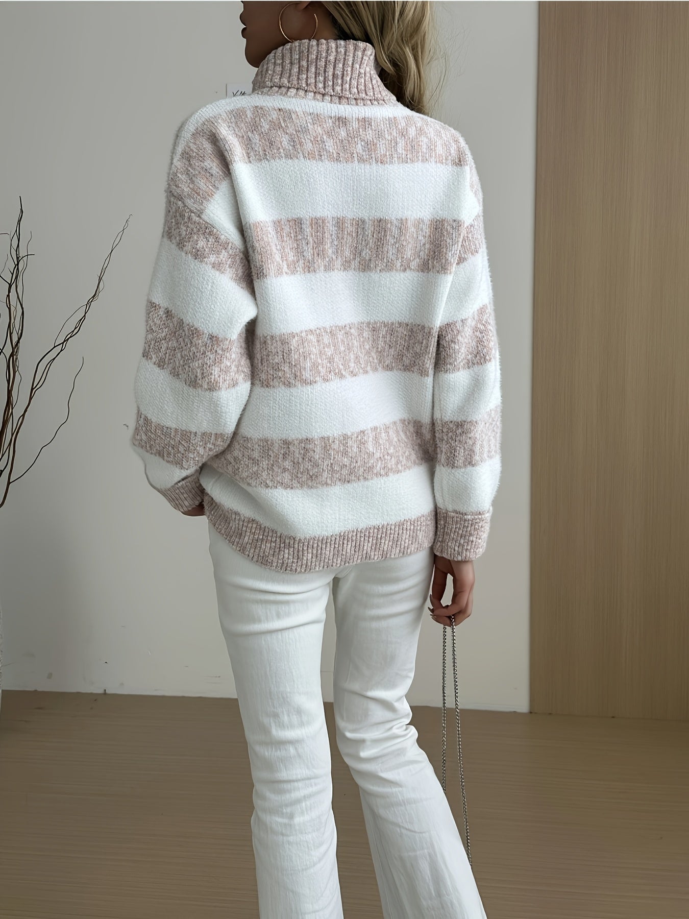 [Cozy Sweater] Cozy Thickened Turtleneck Sweater | Women's Relaxed Fit Striped Pullover | Fall Winter, Machine Washable, Casual Chic, Imitation Fleece