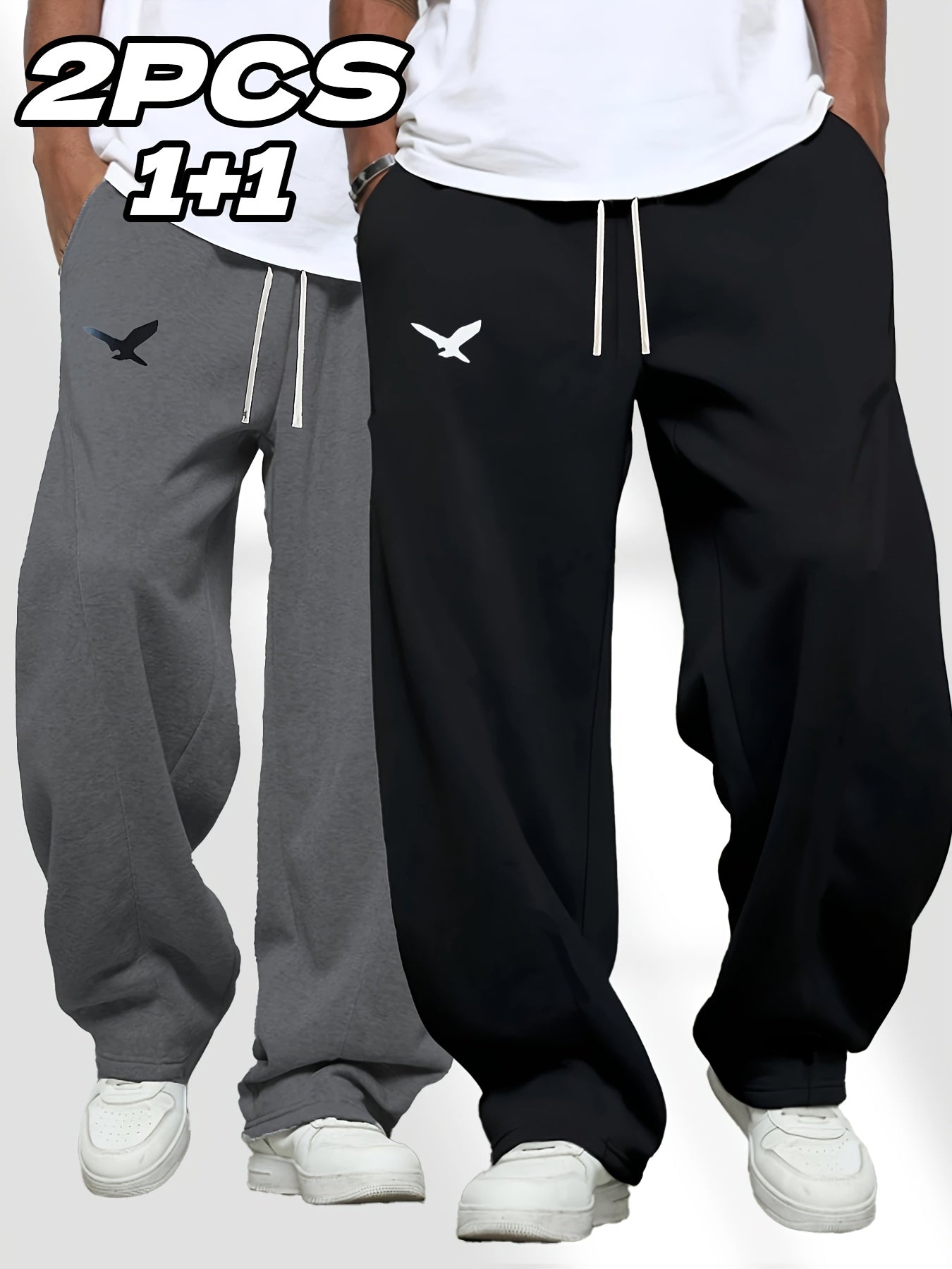 [Eagle Print | Sports Pants] 2pcs Men's Eagle Print Sports Pants | Casual, Adjustable Drawstring, Straight Leg, Trendy Gift for Father or Husband
