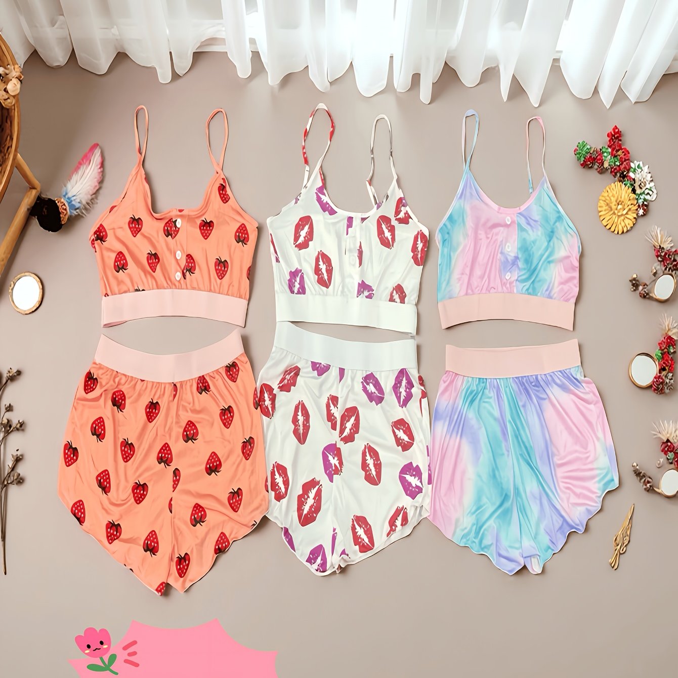 3pcs Set: Elegant Women's Home Sleepwear Set with Lip Print, Strawberry, Splashed Ink, 3 Types Of Prints, Soft And Comfortable Fabric, Perfect Gift