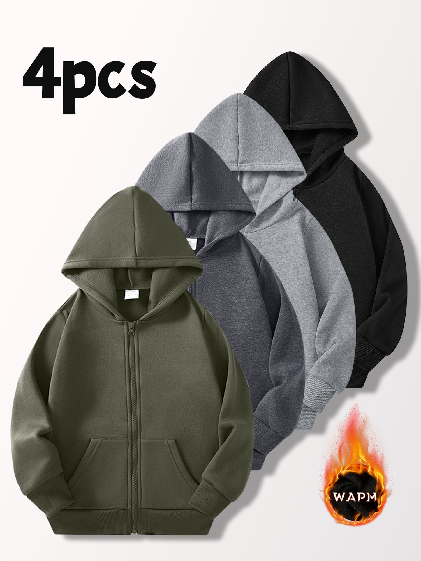 [4pcs Boys' Cardigan Jackets] 4pcs Boys' Light-Lined Zip-Up Hooded Cardigan Jackets | Multi-Color & Solid Color | Autumn & Spring, Stylish & Versatile for Outdoor Jogging