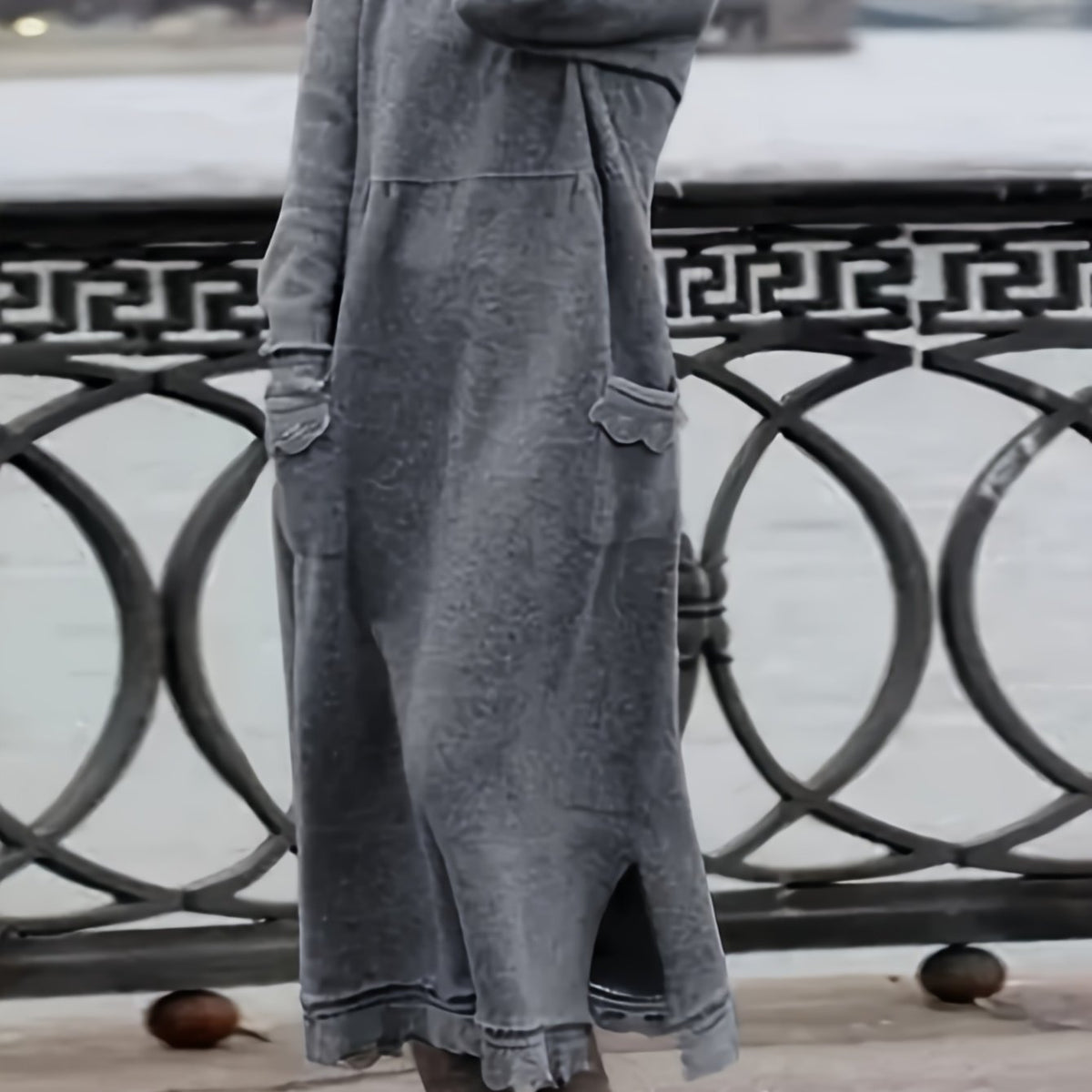 Plus Size, 2025 Autumn New Women's Loose Fit Plus-Size Lace Long Skirt with Velvet Hoodie - Casual Round Neck Long Sleeve Solid Color Dress, Pockets & Hand Wash/Dry Clean, Cozy Fall Winter Outfit