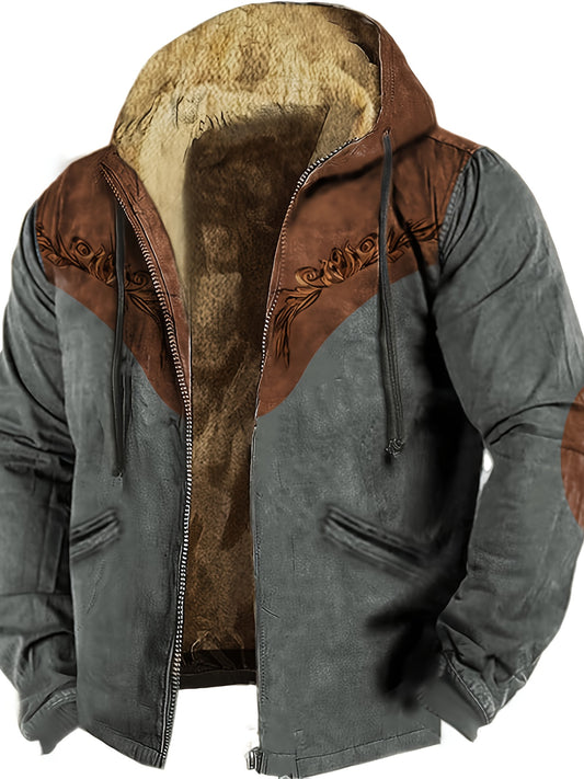 Men'S Vintage Hoodie - Full-Zip Front Closure Hooded Sweatshirt with Zipper Pocket, Brown/Black/Beige Color Block, Polyester Winter Pullover for Everyday & Formal Outfits - Cold Weather Streetwear Essential, Casual Wear, Retr