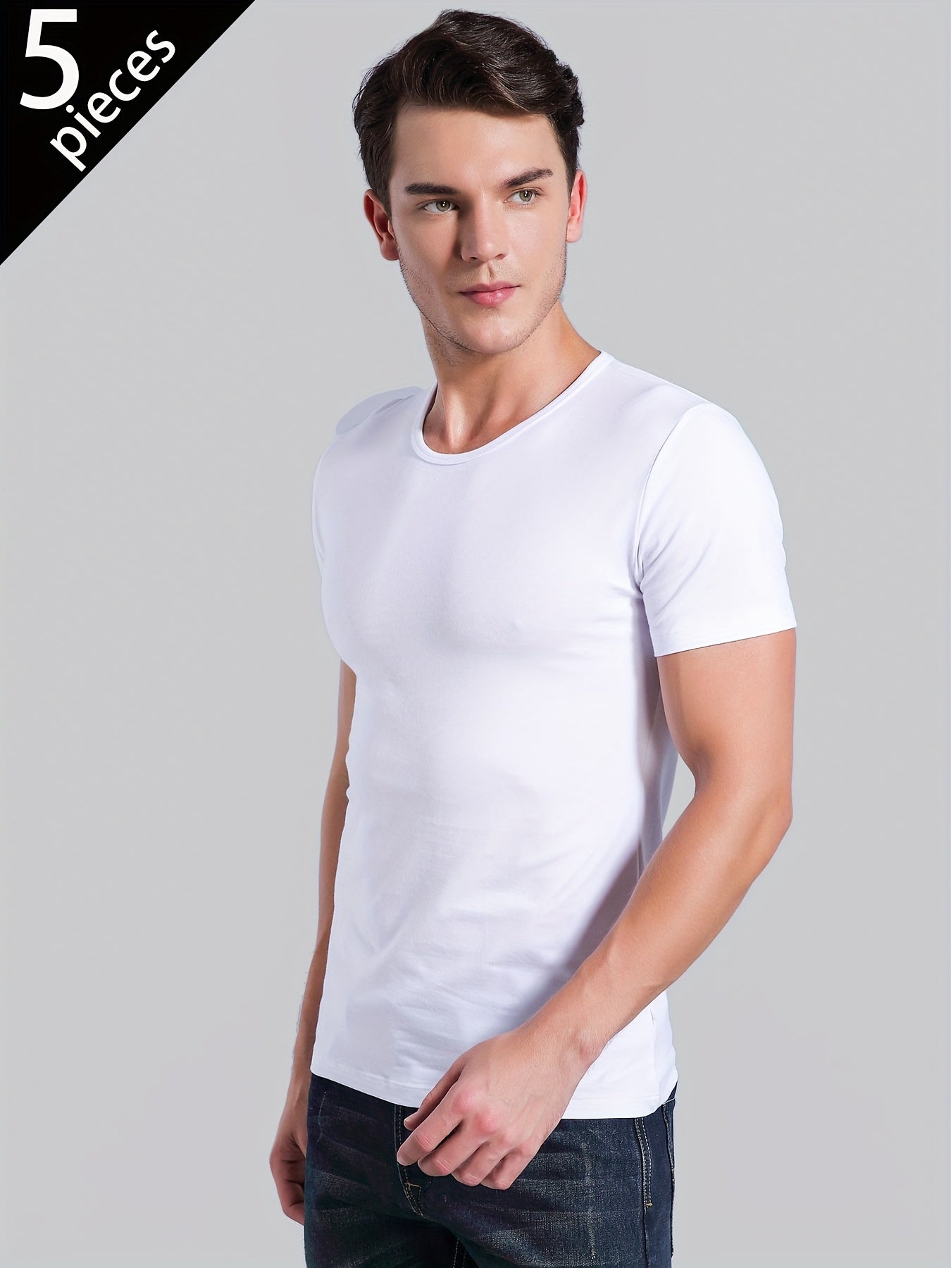 [5pcs Men's White Tees] 5pcs Men's White Solid Color Short-Sleeve T-Shirts - Tight-Fit Breathable Round Neck Gym Basic Tees for Fitness, Underwear & Layering | Year-Round Casual Wear | Bulk Pack for Cost Savings (s/SMen)