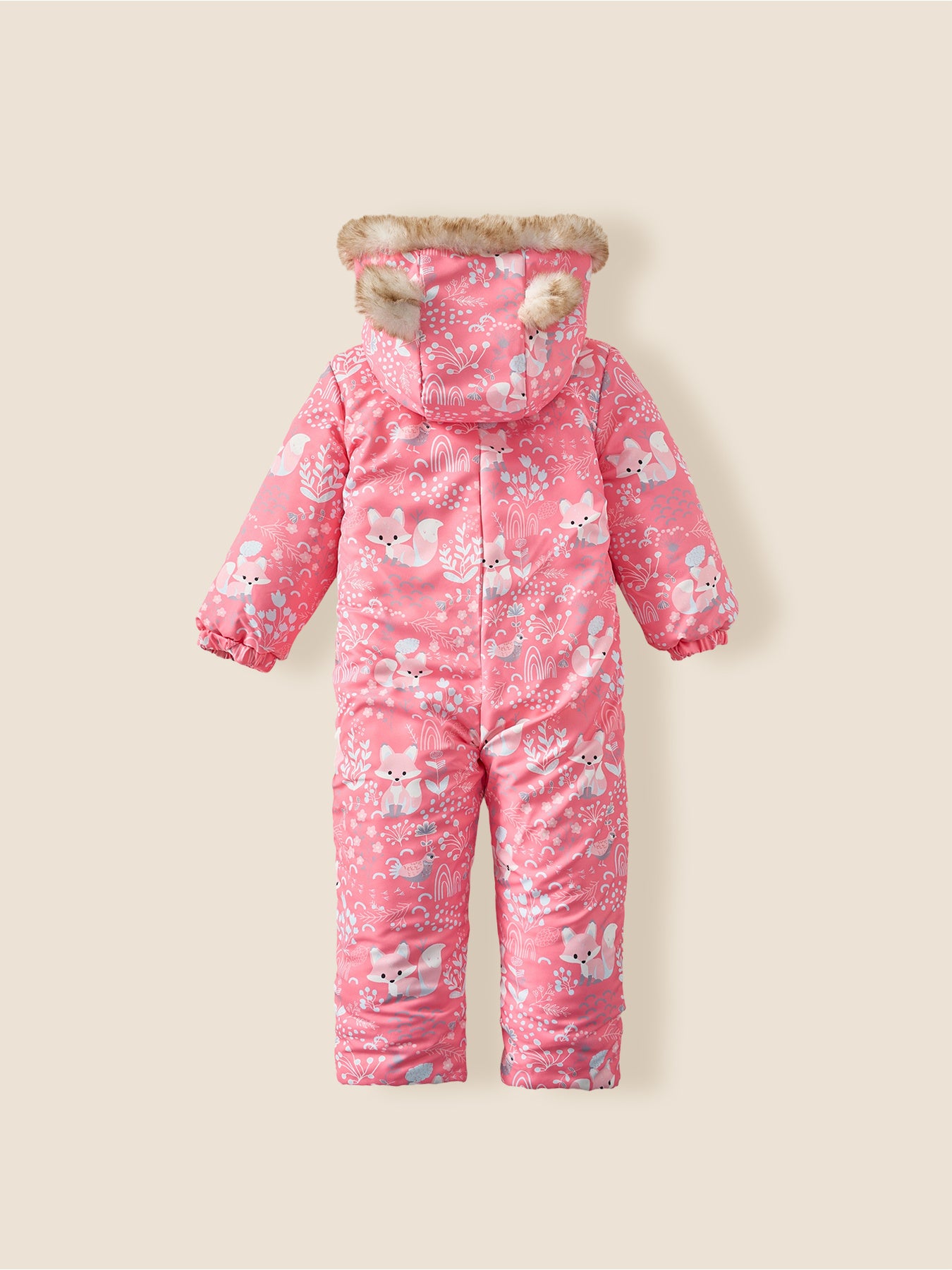 Girls' Pink Snowsuit with Hood, Full-Print Animal and Plant Patterns, Adorable Ear Design, Front Zipper, Fitted Waist, Cute Side Pockets, Cuffed Sleeves and Legs, Warm and Windproof for Cold Weather Outdoor Play, Winter Snow