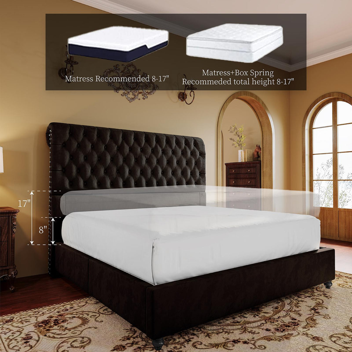 PAPABABE Upholstered Platform Bed Frame with 52.8" Sleigh Headboard - Button Tufted Design, No Box Spring Required, Easy Assembly, Durable Hardwood & Polyester, Classic Style for Modern Bedrooms, Bedroom Furniture, Elegant Be