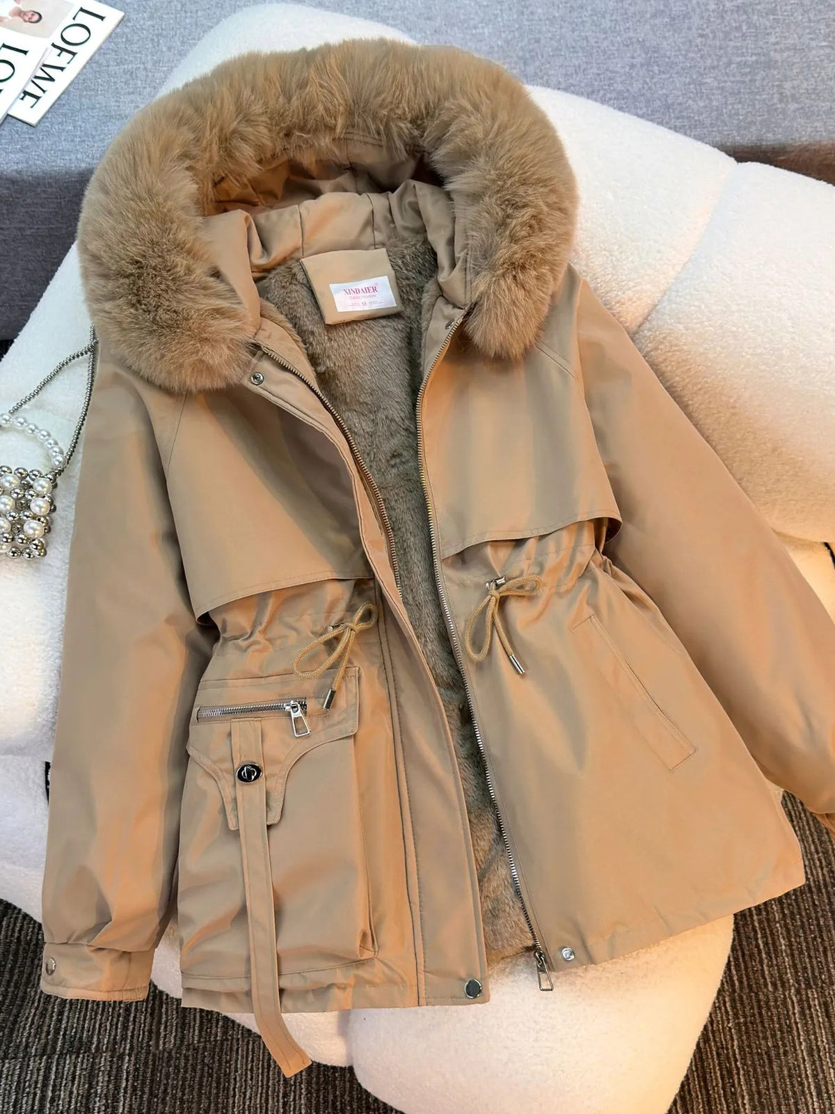 Women's Cold-Weather Fleece-Lined Fur Collar Parka Coat - One-Piece Winter Jacket with Pockets, Solid Color Casual Outerwear (No /Hoop Ears/Short Sleeves) for Extreme
