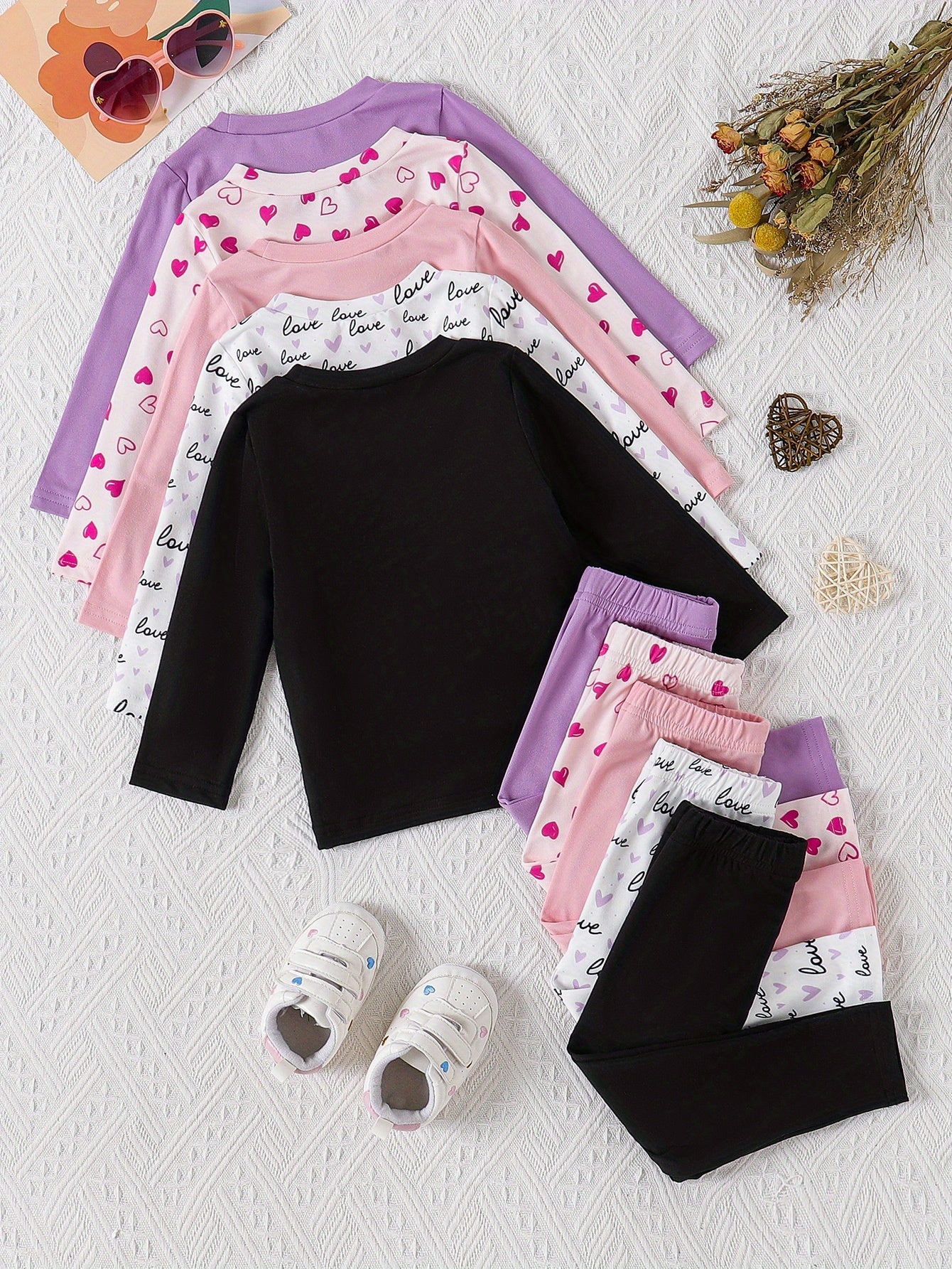 10pcs Baby Girls' Casual Long Sleeve & Pants Set - Cute & Heart Print, Soft Stretchy Fabric, Loose Fit, Spring/Fall Outdoor Playwear, Perfect for Daily Wear, for Outdoor