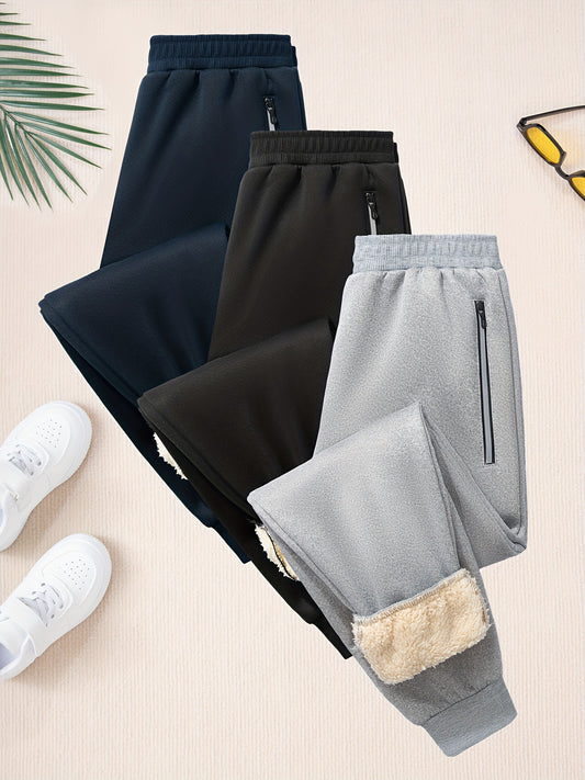Classic Zipper Pocket Design, Boys' 3pcs Casual Comfortable Elastic Waist Loose Warm Fleece-Lined Joggers for Daily Wear, Outdoor and Sports, Kids' Autumn/Winter Pants (Accessories Not Included), Perfect for Outdoor, Boy Pant
