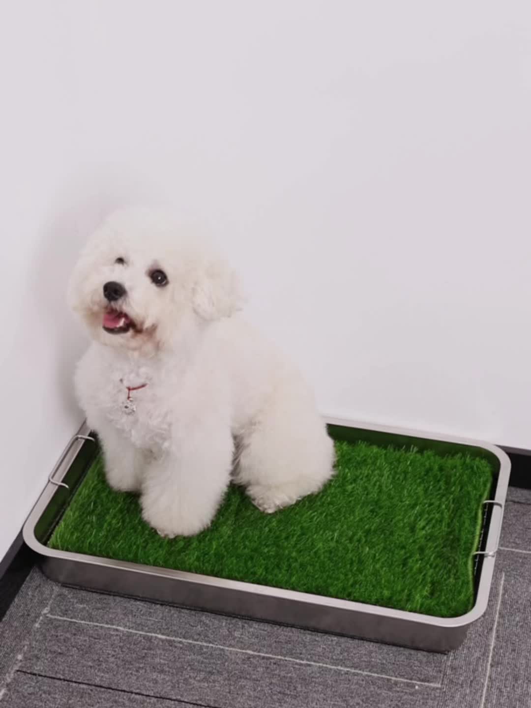 Washable Dog Potty Tray Dog Grass Pad Dog Litter Box Toilet Stainless Steel Tray with Artificial Washable Grass Pads, Dog Potty Training Mat for Indoor Outdoor Use, Green Grass Pad for Small to Medium Dog with Stainless Steel