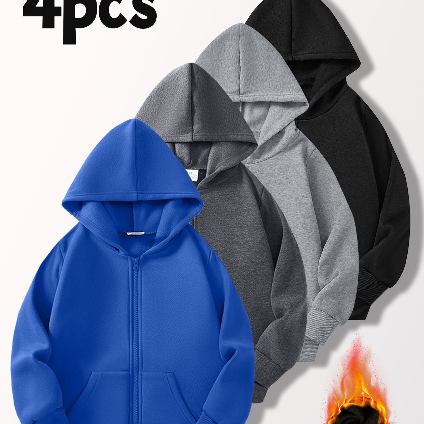 [4pcs Boys' Cardigan Jackets] 4pcs Boys' Light-Lined Zip-Up Hooded Cardigan Jackets | Multi-Color & Solid Color | Autumn & Spring, Stylish & Versatile for Outdoor Jogging