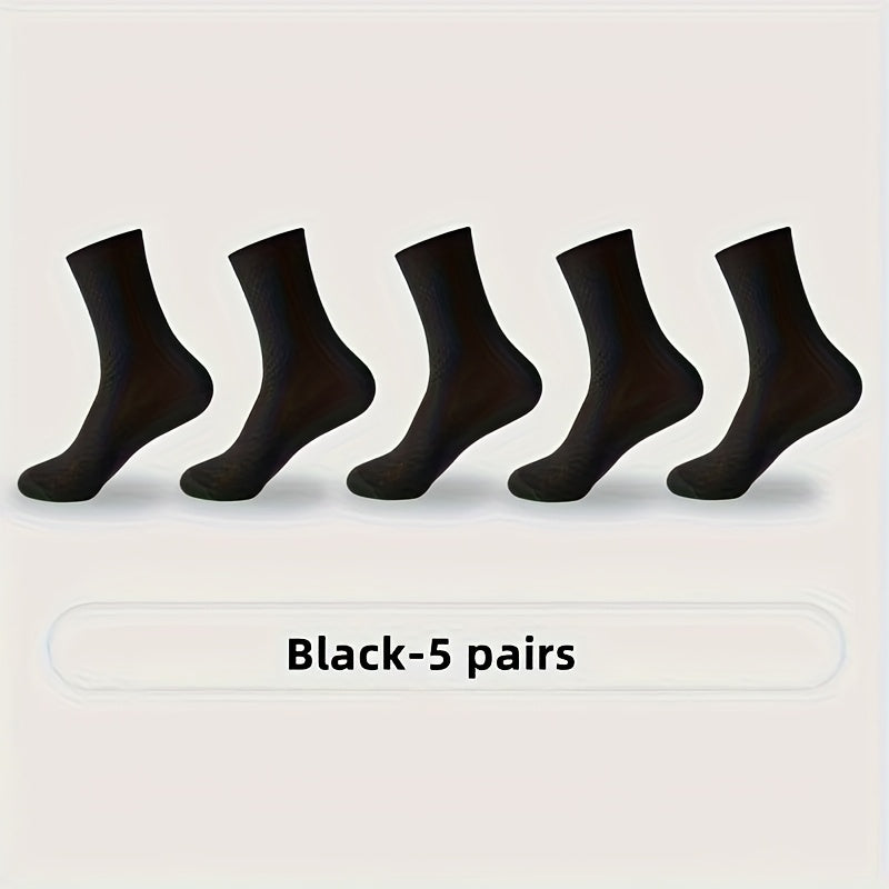 [Breathable Bamboo Socks] 5 Pairs Bamboo Fiber Men's Mid Tube Socks | Breathable Business Casual Formal Socks, Double Needle Dark Square Pattern