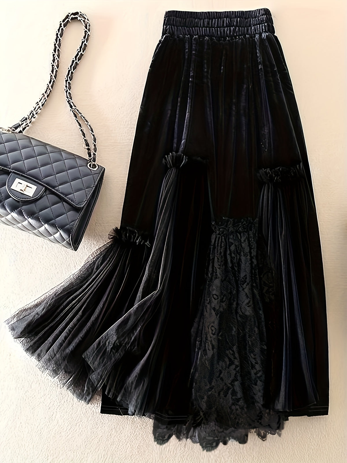 Women'S Elegant Lace Skirt with High Waist & Flared Hem - Long Formal & Semi-Formal Skirt, Solid Black with Intricate Lace Panel, Structured Fit for Fall/Winter, Versatile Everyday to Special Occasion Wear, No Belt Required