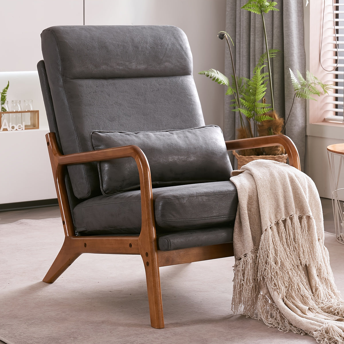 High Back Mid Century Modern Accent Chair, Soild Wood Padding Lounge Armchairs Side Sitting Chairs For Living Room, Bedroom
